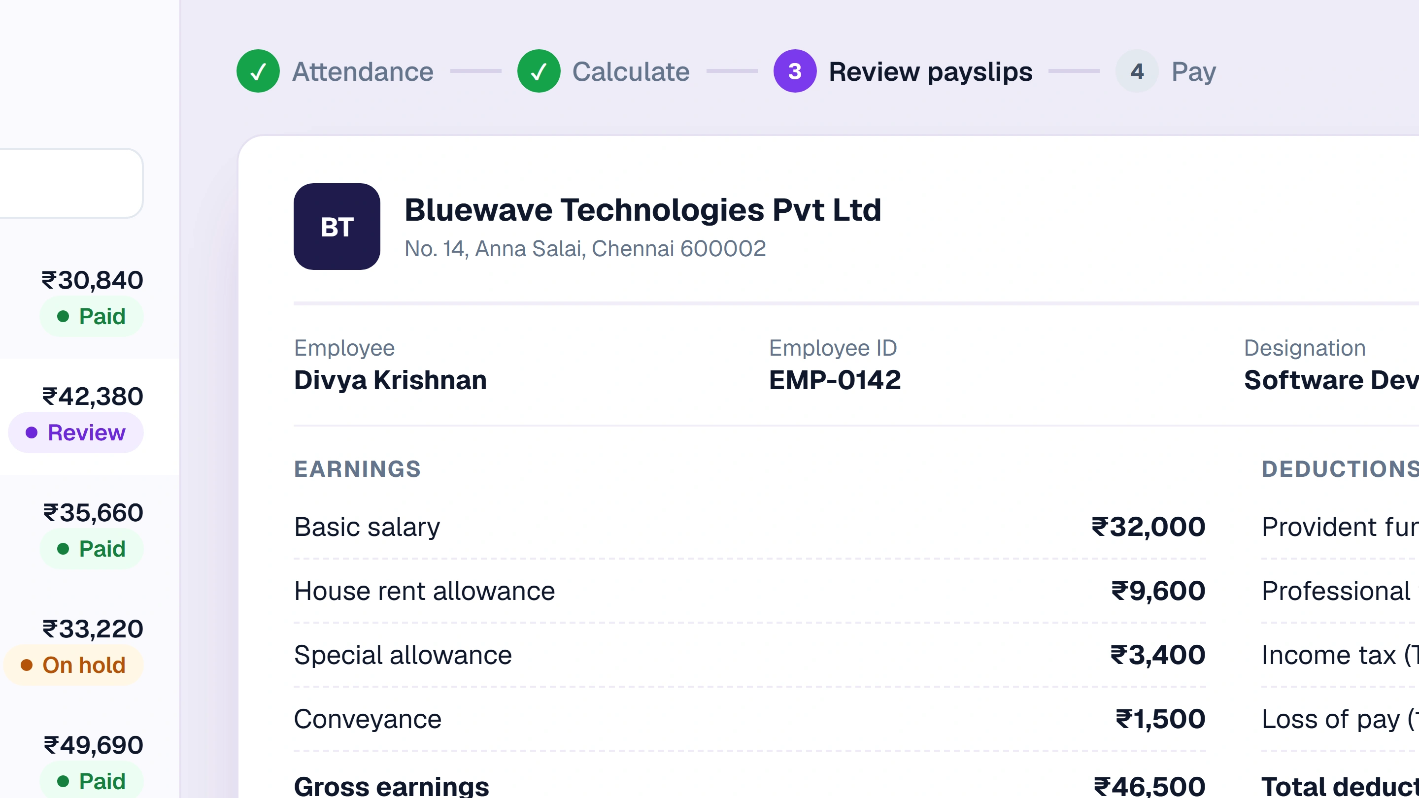 Sample concept of a Payroll System screen with sample data