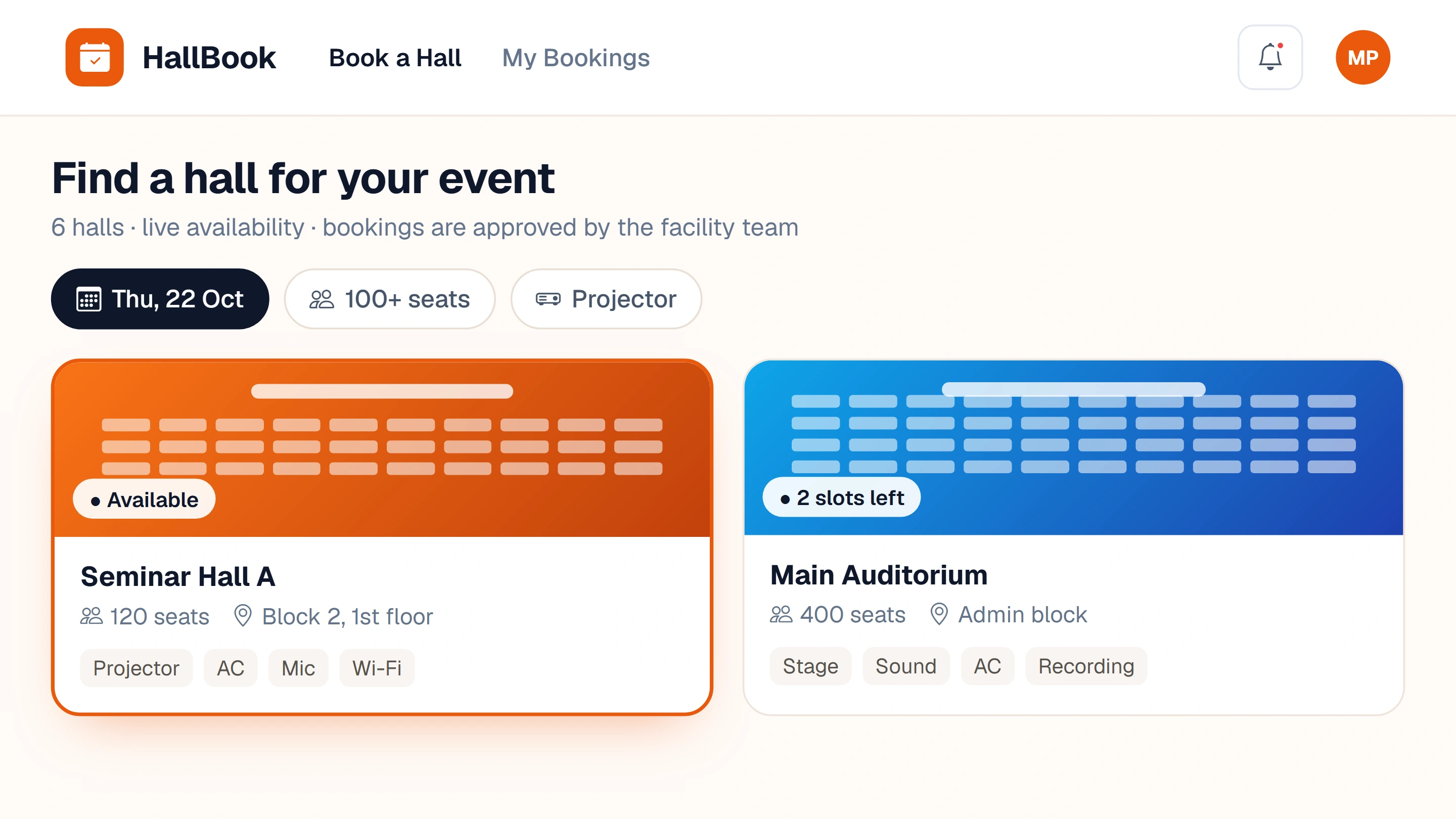 Sample concept of a Seminar Hall Booking screen with sample data